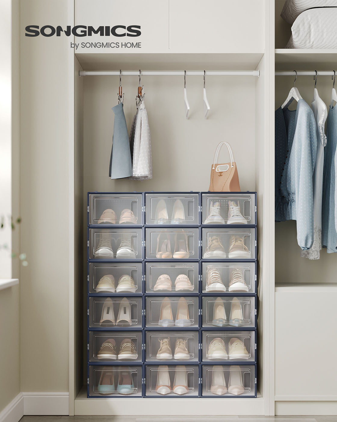 Stackable Shoe Boxes – Plastic – Transparent and Charcoal Blue – 18-Pack Solutions for Sneakers
