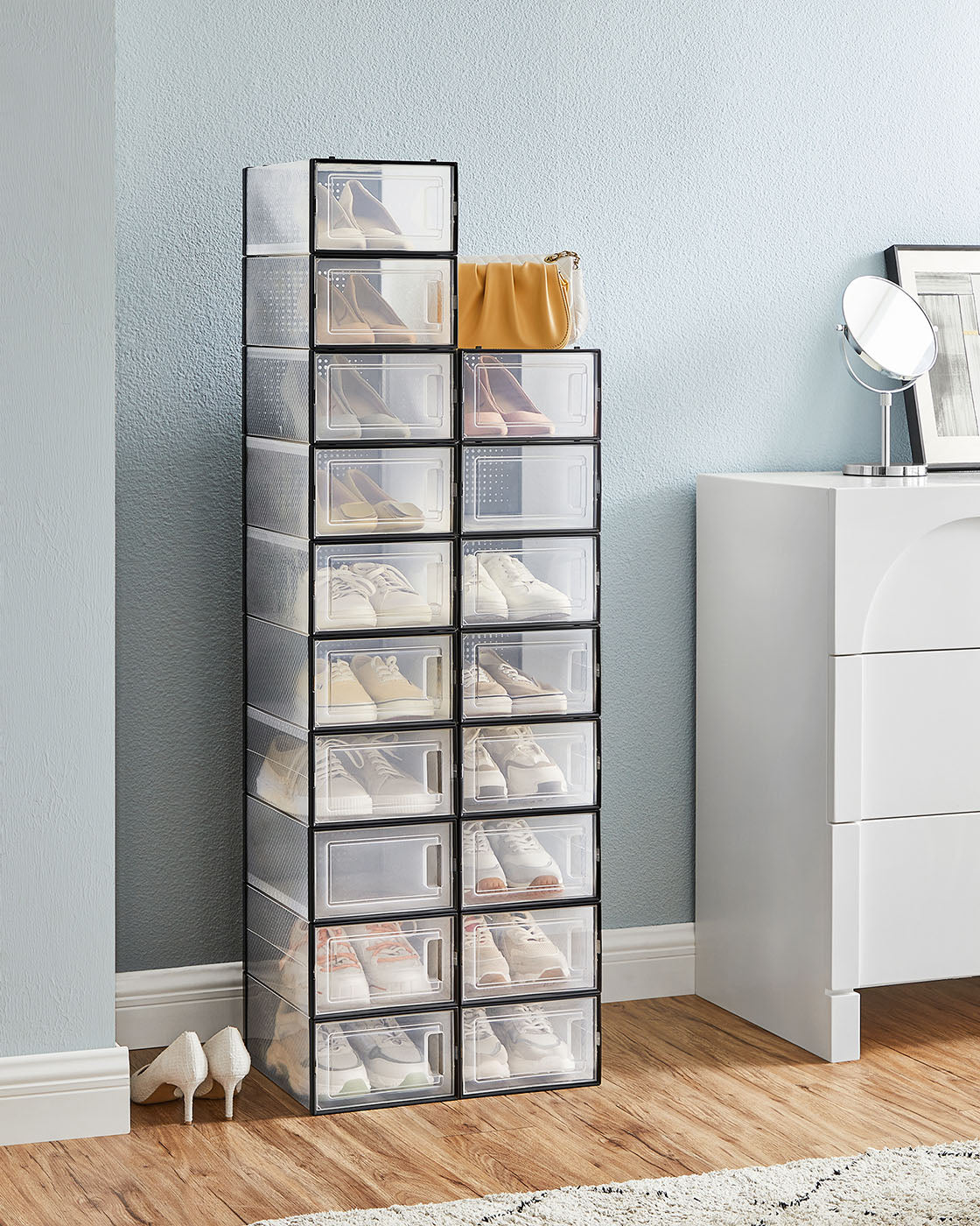Shoe Organisers – Plastic – Transparent and White – Stackable and Foldable, Fits Up to UK Size 9, Set of 8