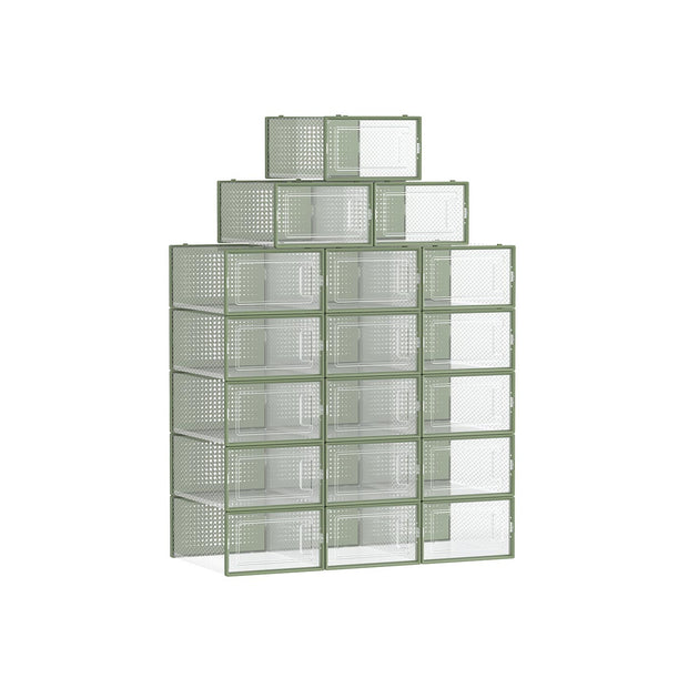 Stackable Shoe Boxes – Plastic – Transparent and Laurel Green – Foldable and Versatile, Fits UK Size 9