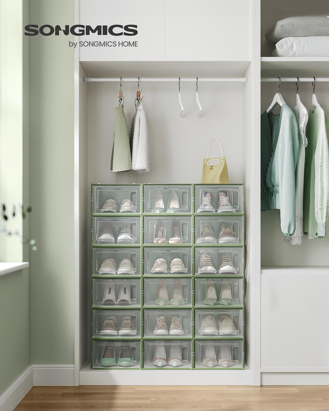 Stackable Shoe Boxes – Plastic – Transparent and Laurel Green – Foldable and Versatile, Fits UK Size 9