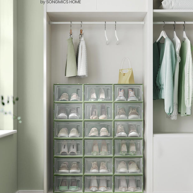 Stackable Shoe Boxes – Plastic – Transparent and Laurel Green – Foldable and Versatile, Fits UK Size 9