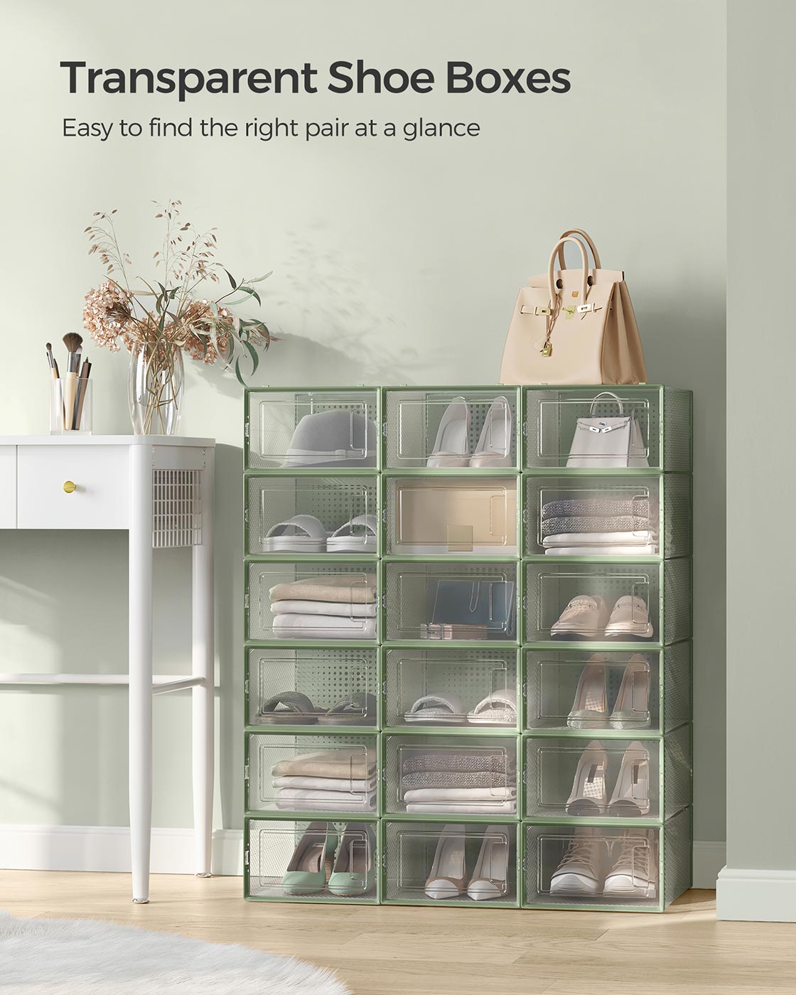 Stackable Shoe Boxes – Plastic – Transparent and Laurel Green – Foldable and Versatile, Fits UK Size 9