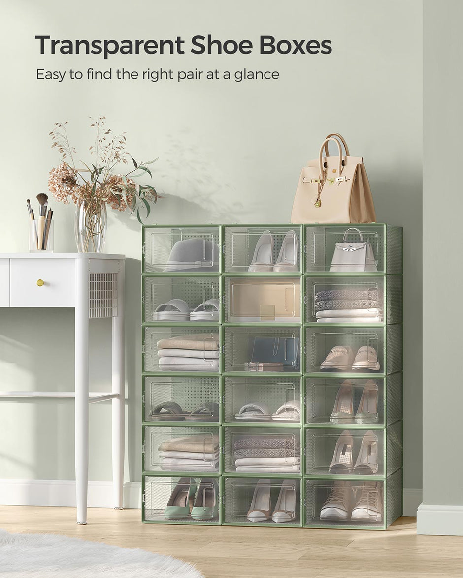 Stackable Shoe Boxes – Plastic – Transparent and Laurel Green – Foldable and Versatile, Fits UK Size 9