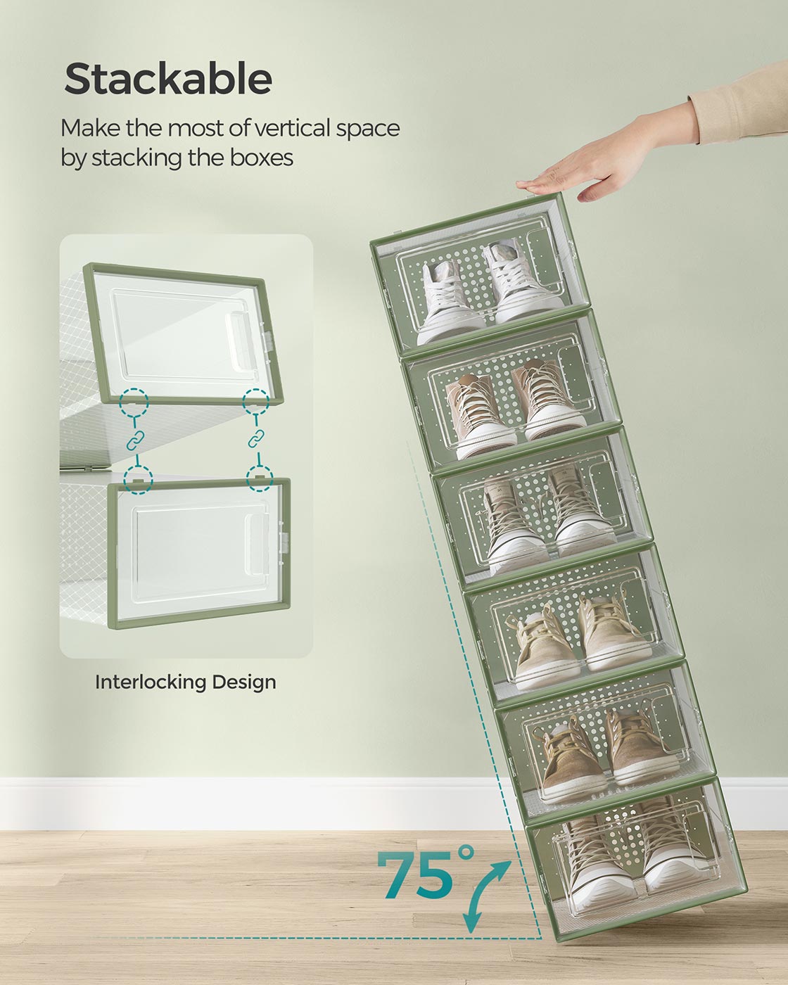 Stackable Shoe Boxes – Plastic – Transparent and Laurel Green – Foldable and Versatile, Fits UK Size 9