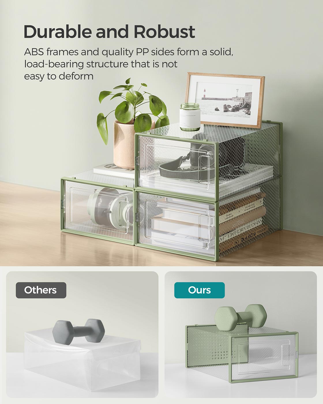 Stackable Shoe Boxes – Plastic – Transparent and Laurel Green – Foldable and Versatile, Fits UK Size 9