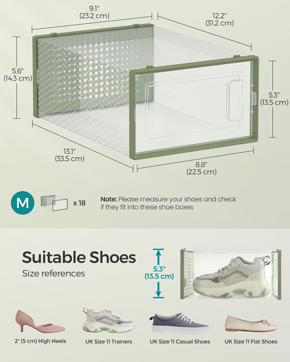 Stackable Shoe Boxes – Plastic – Transparent and Laurel Green – Foldable and Versatile, Fits UK Size 9