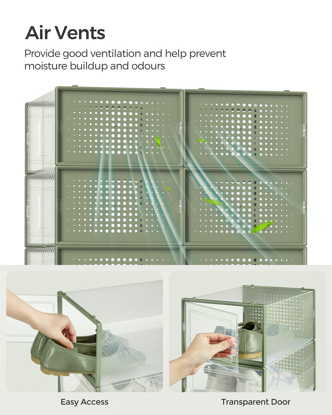Stackable Shoe Boxes – Plastic – Transparent and Laurel Green – Foldable and Versatile, Fits UK Size 9