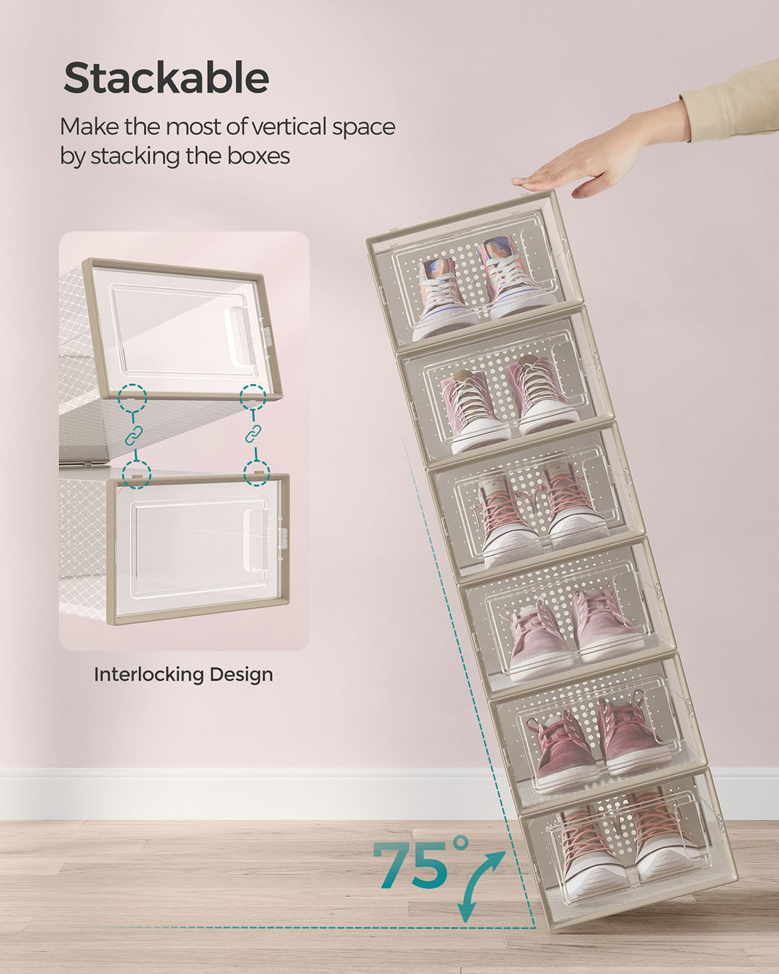 18-Pack Stackable Shoe Storage Organisers – Plastic – Transparent and Oatmeal Beige – Foldable and Versatile for Sneakers