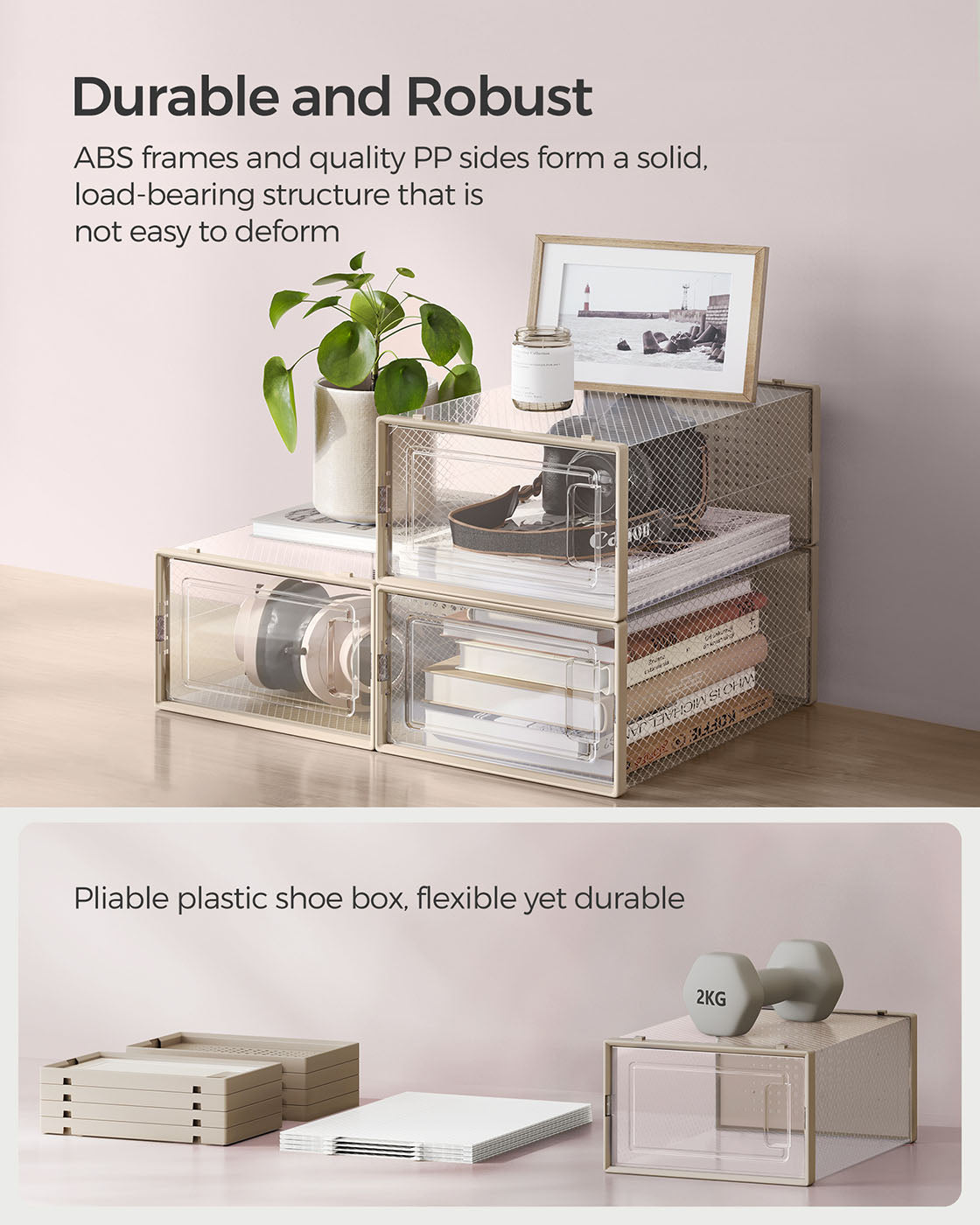 18-Pack Stackable Shoe Storage Organisers – Plastic – Transparent and Oatmeal Beige – Foldable and Versatile for Sneakers