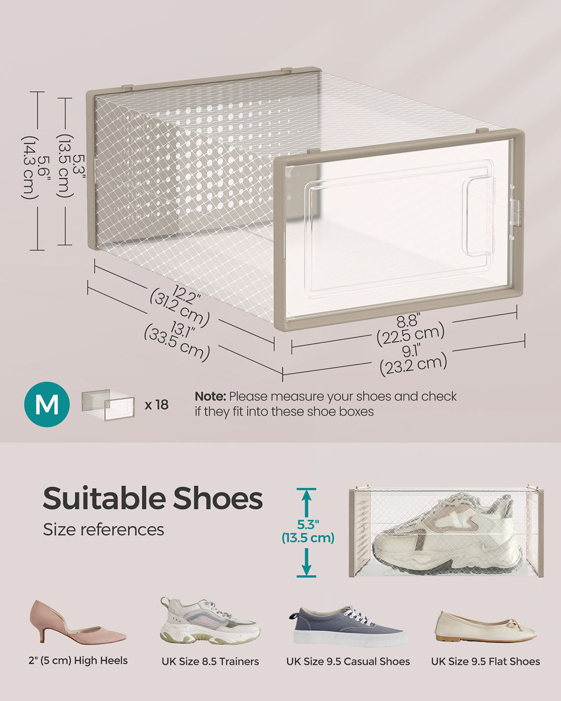 18-Pack Stackable Shoe Storage Organisers – Plastic – Transparent and Oatmeal Beige – Foldable and Versatile for Sneakers