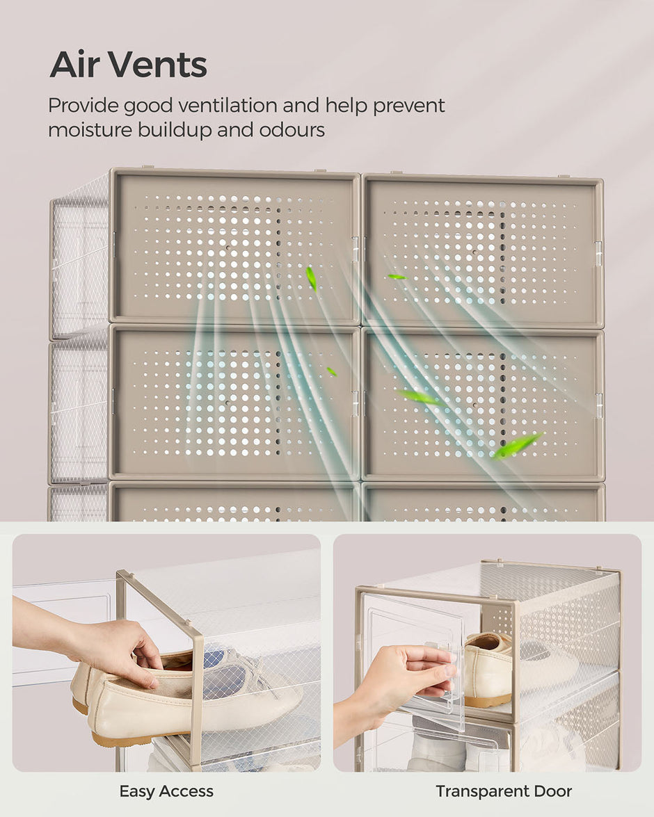 18-Pack Stackable Shoe Storage Organisers – Plastic – Transparent and Oatmeal Beige – Foldable and Versatile for Sneakers