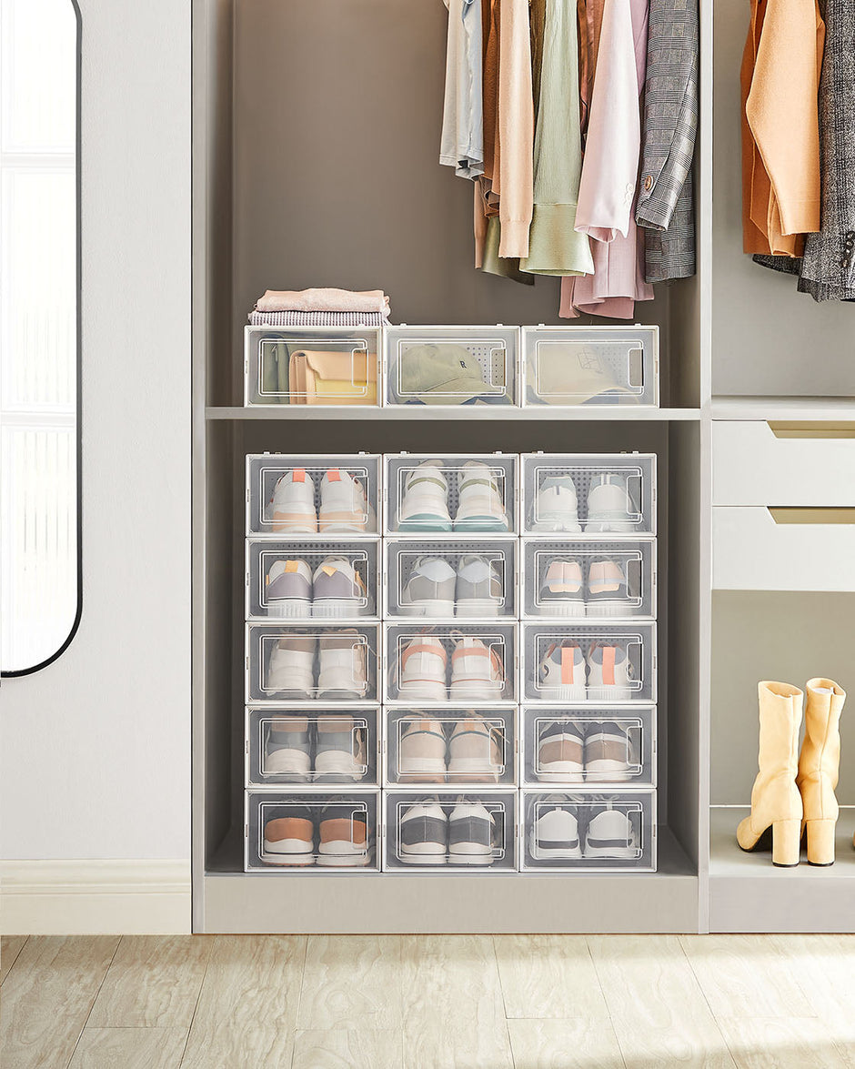 Shoe Storage Organizers – Plastic – Transparent and White – Stackable and Foldable, Pack of 8