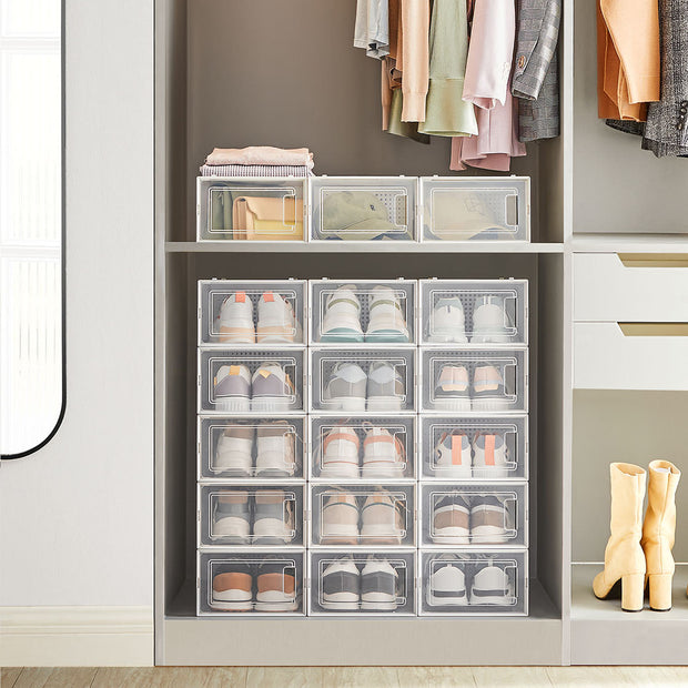 Shoe Storage Organizers – Plastic – Transparent and White – Stackable and Foldable, Pack of 8