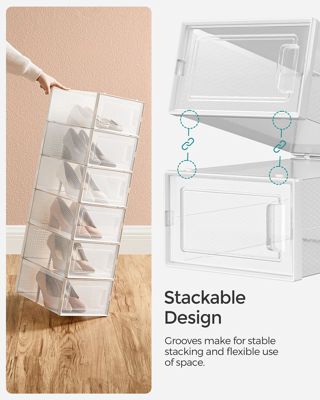 Shoe Storage Organizers – Plastic – Transparent and White – Stackable and Foldable, Pack of 8