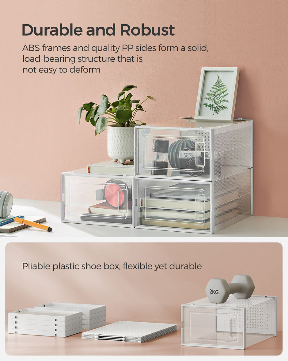 Shoe Storage Organizers – Plastic – Transparent and White – Stackable and Foldable, Pack of 8