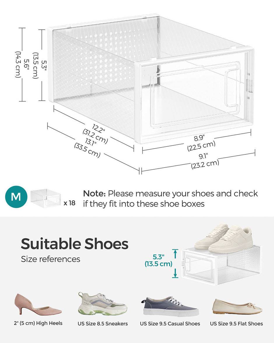 Shoe Storage Organizers – Plastic – Transparent and White – Stackable and Foldable, Pack of 8