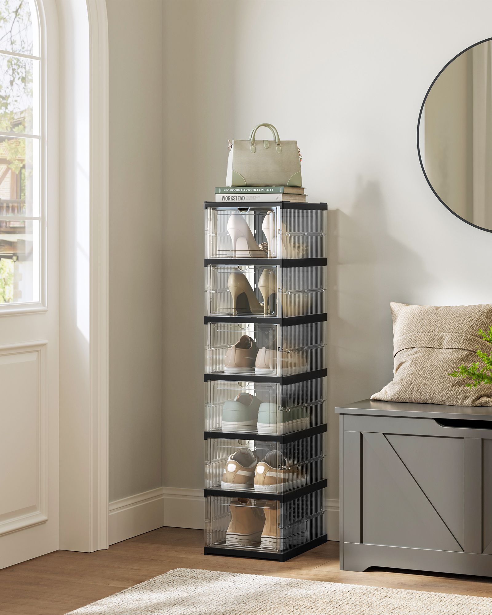 Stackable Shoe Boxes – Plastic – Transparent and Ink Black – Foldable and Portable, Fits Up to UK Size 12