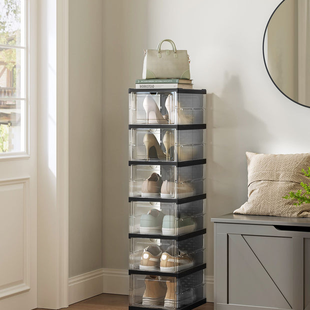 Stackable Shoe Boxes – Plastic – Transparent and Ink Black – Foldable and Portable, Fits Up to UK Size 12