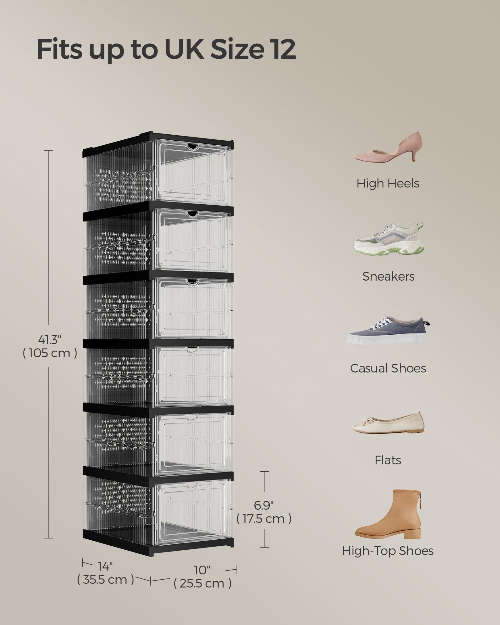 Stackable Shoe Boxes – Plastic – Transparent and Ink Black – Foldable and Portable, Fits Up to UK Size 12