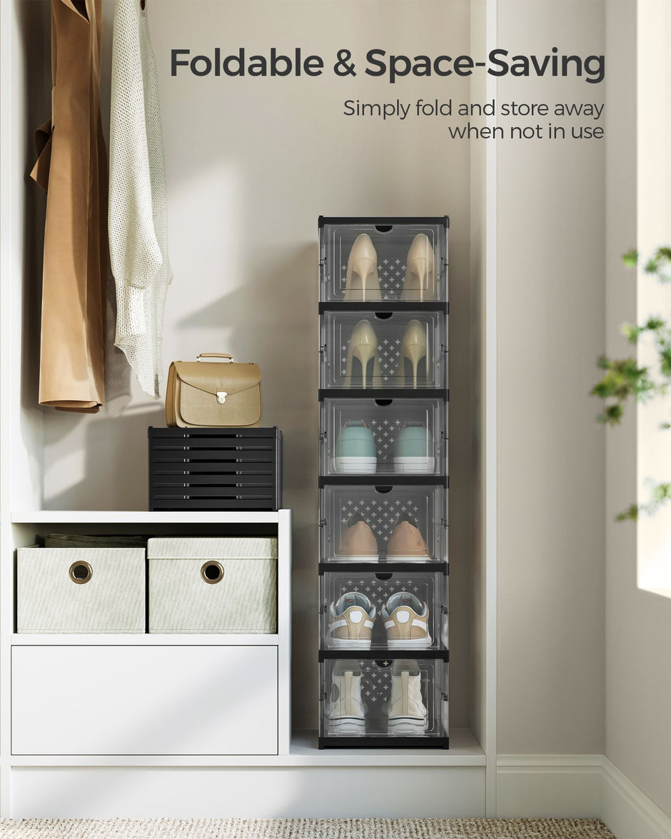 Stackable Shoe Boxes – Plastic – Transparent and Ink Black – Foldable and Portable, Fits Up to UK Size 12