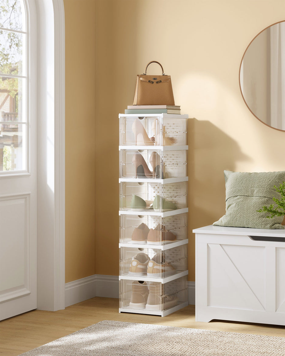 Shoe Storage Organiser – Transparent and Cloud White – Pack of 6 – Stackable and Foldable