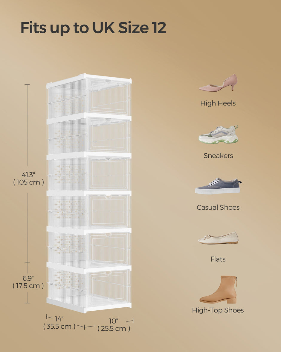 Shoe Storage Organiser – Transparent and Cloud White – Pack of 6 – Stackable and Foldable