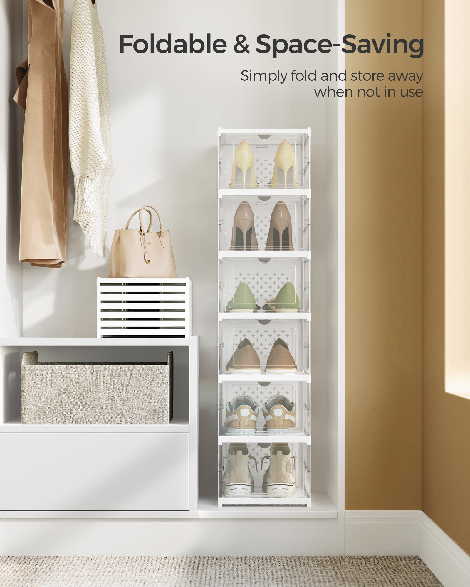 Shoe Storage Organiser – Transparent and Cloud White – Pack of 6 – Stackable and Foldable