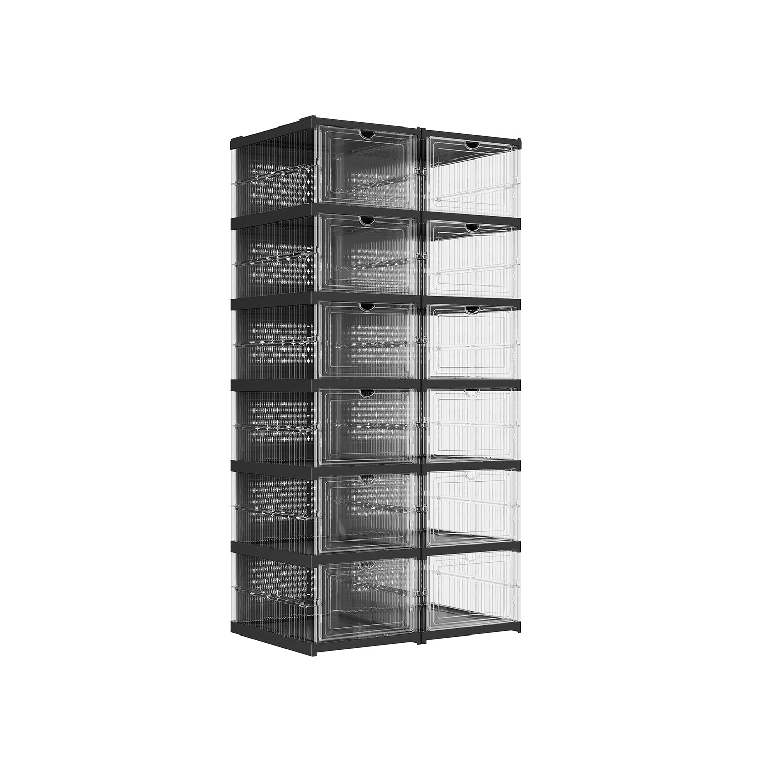 Stackable Shoe Boxes – Transparent and Ink Black – Pack of 12 – Foldable and Portable