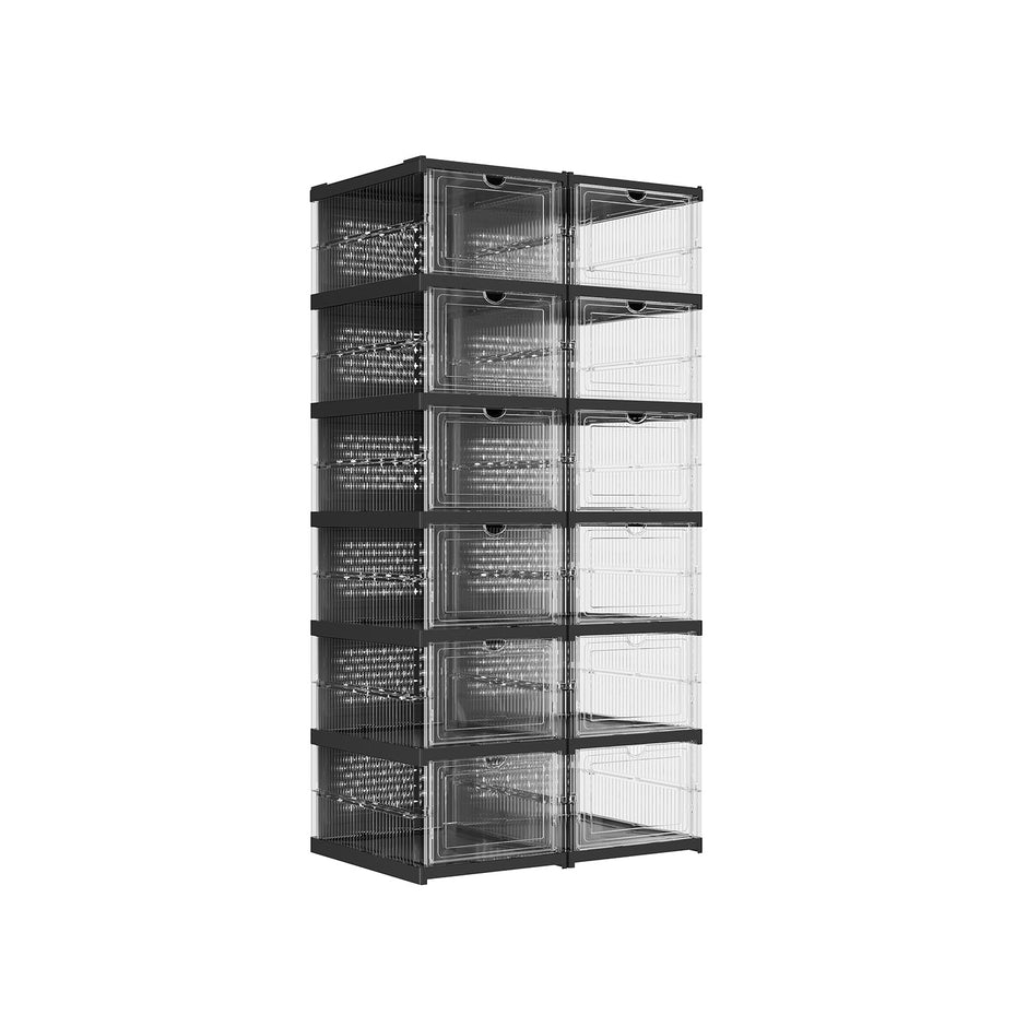 Stackable Shoe Boxes – Transparent and Ink Black – Pack of 12 – Foldable and Portable