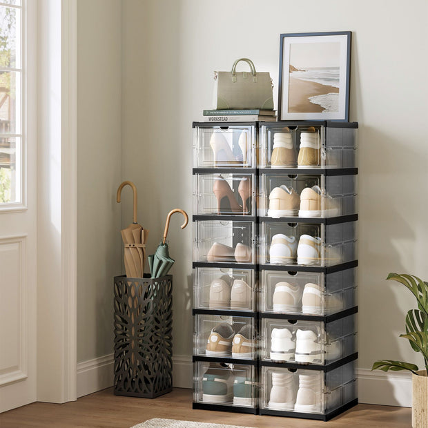 Stackable Shoe Boxes – Transparent and Ink Black – Pack of 12 – Foldable and Portable
