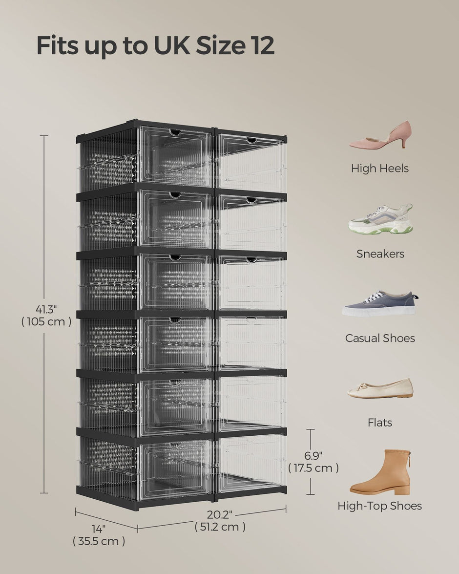 Stackable Shoe Boxes – Transparent and Ink Black – Pack of 12 – Foldable and Portable