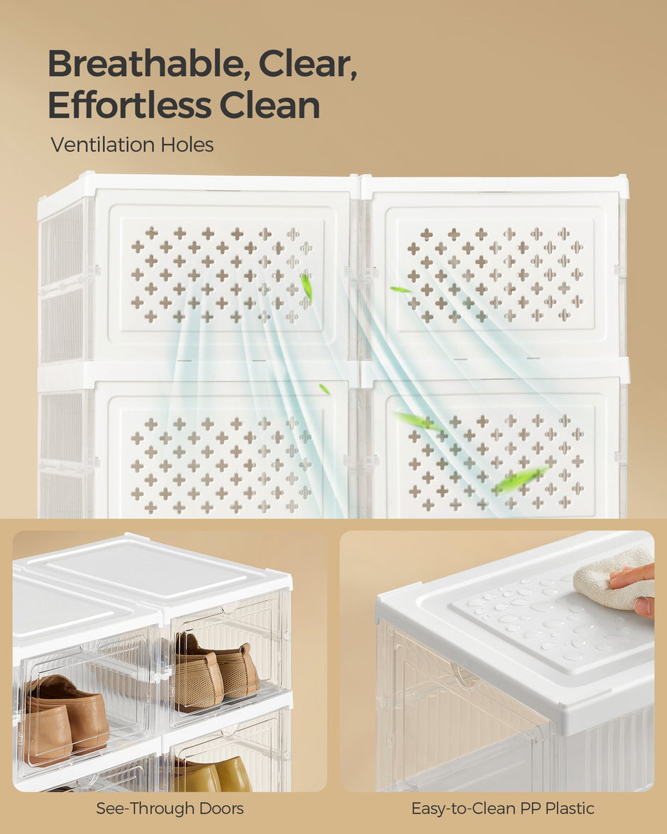 Shoe Storage Organizer – Plastic – Transparent and Cloud White – Pack of 12 Stackable Design