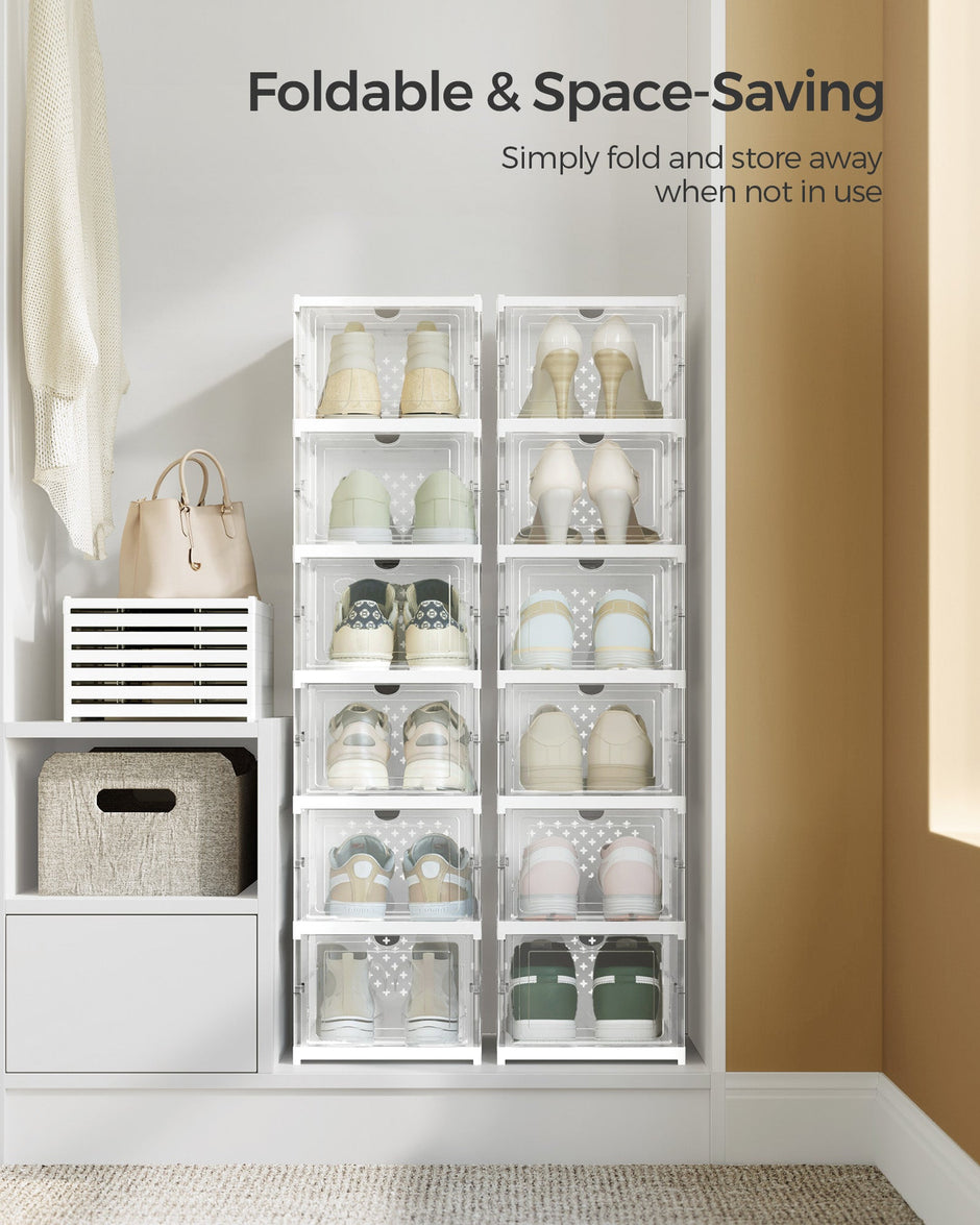 Shoe Storage Organizer – Plastic – Transparent and Cloud White – Pack of 12 Stackable Design