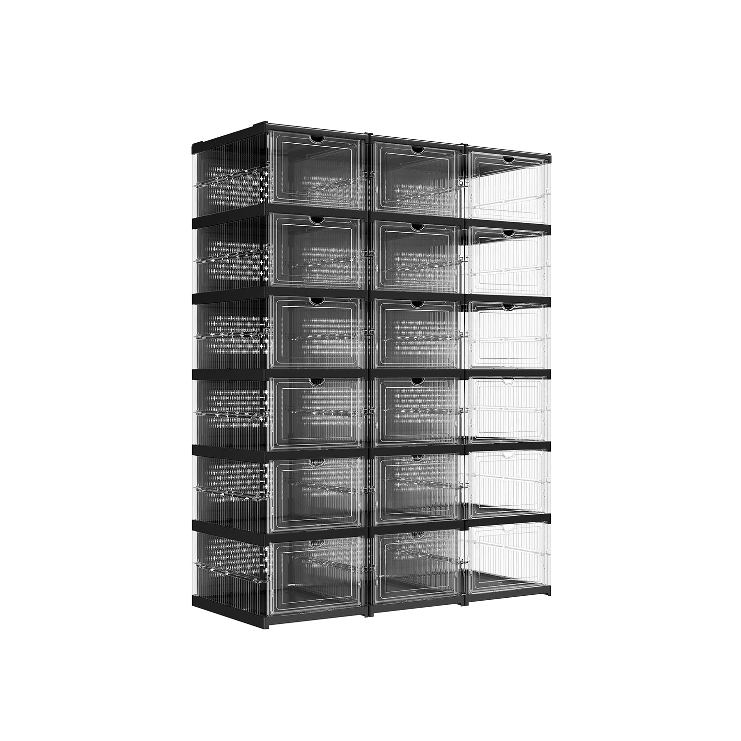 Stackable Shoe Boxes – Transparent and Ink Black – Pack of 18 – Foldable and Portable