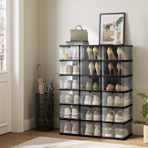 Stackable Shoe Boxes – Transparent and Ink Black – Pack of 18 – Foldable and Portable