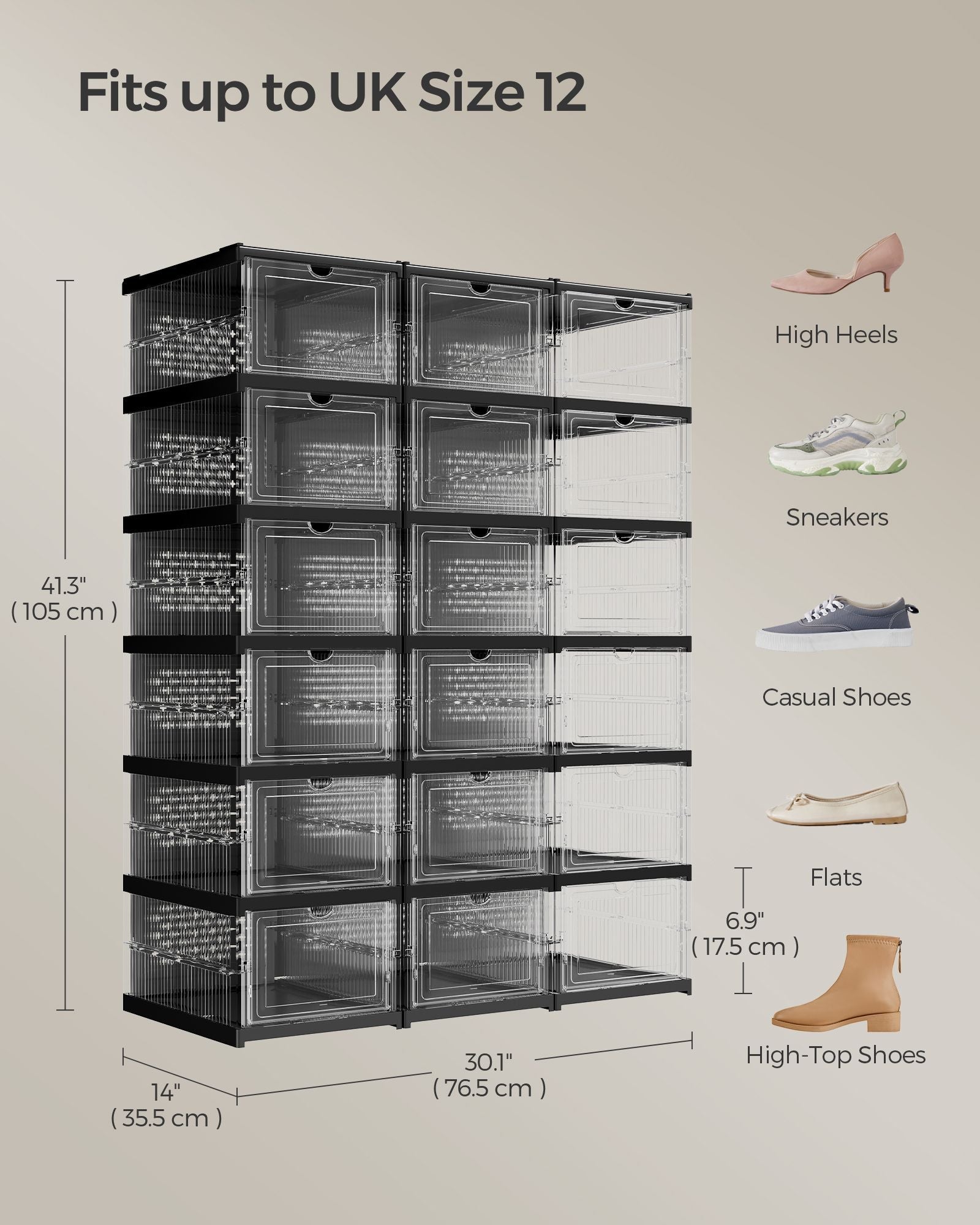 Stackable Shoe Boxes – Transparent and Ink Black – Pack of 18 – Foldable and Portable
