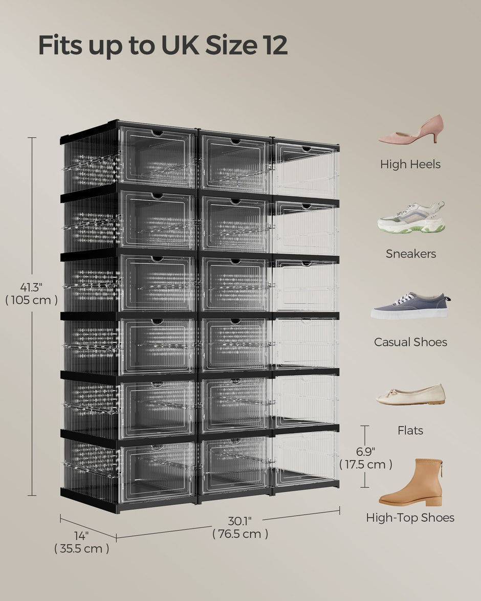 Stackable Shoe Boxes – Transparent and Ink Black – Pack of 18 – Foldable and Portable