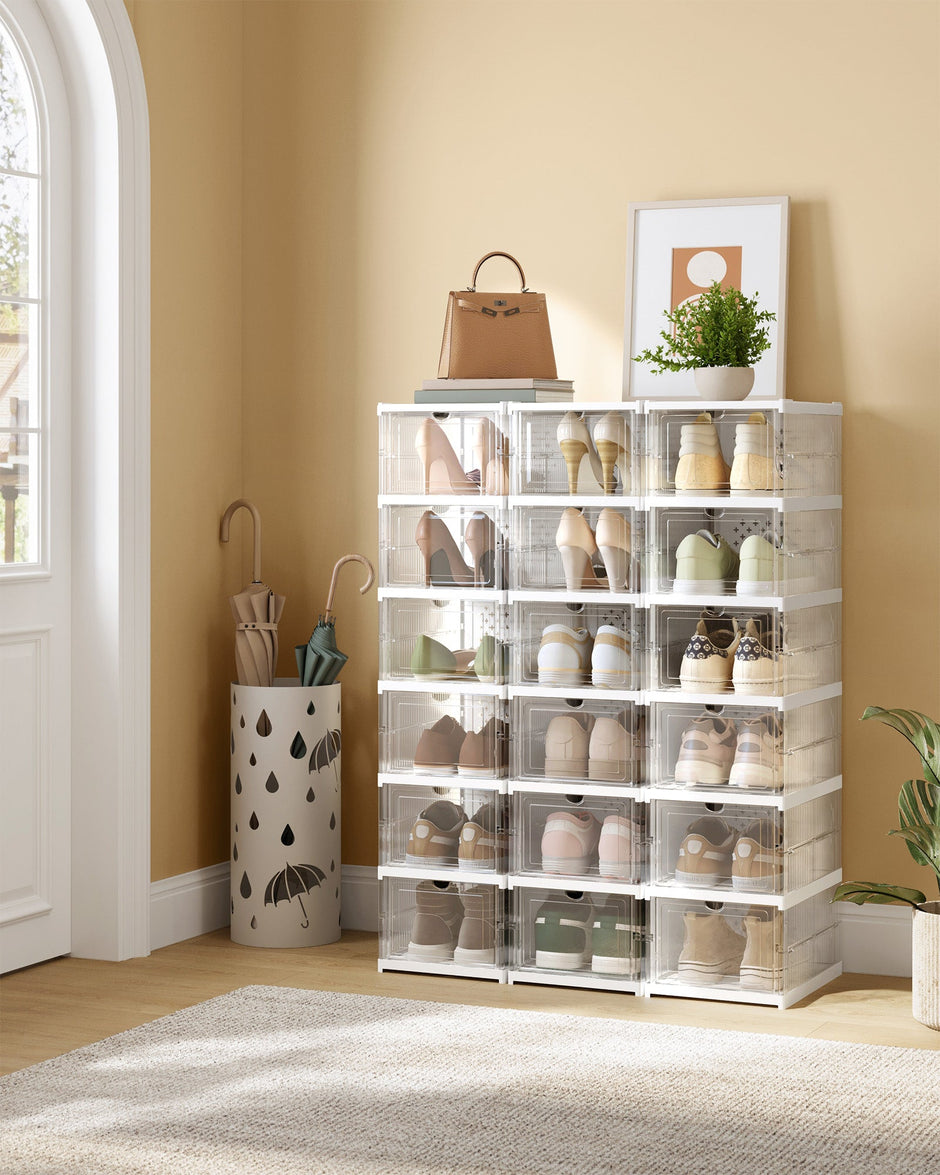Pack of 18 Stackable Shoe Boxes – Transparent and Cloud White – Space-Saving Design