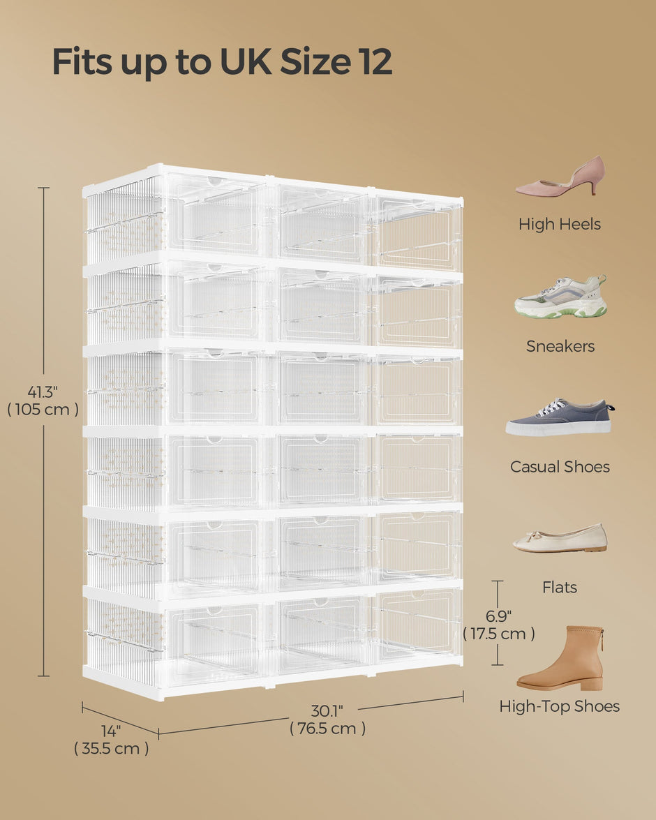 Pack of 18 Stackable Shoe Boxes – Transparent and Cloud White – Space-Saving Design