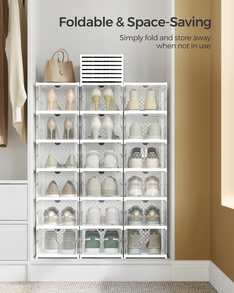 Pack of 18 Stackable Shoe Boxes – Transparent and Cloud White – Space-Saving Design