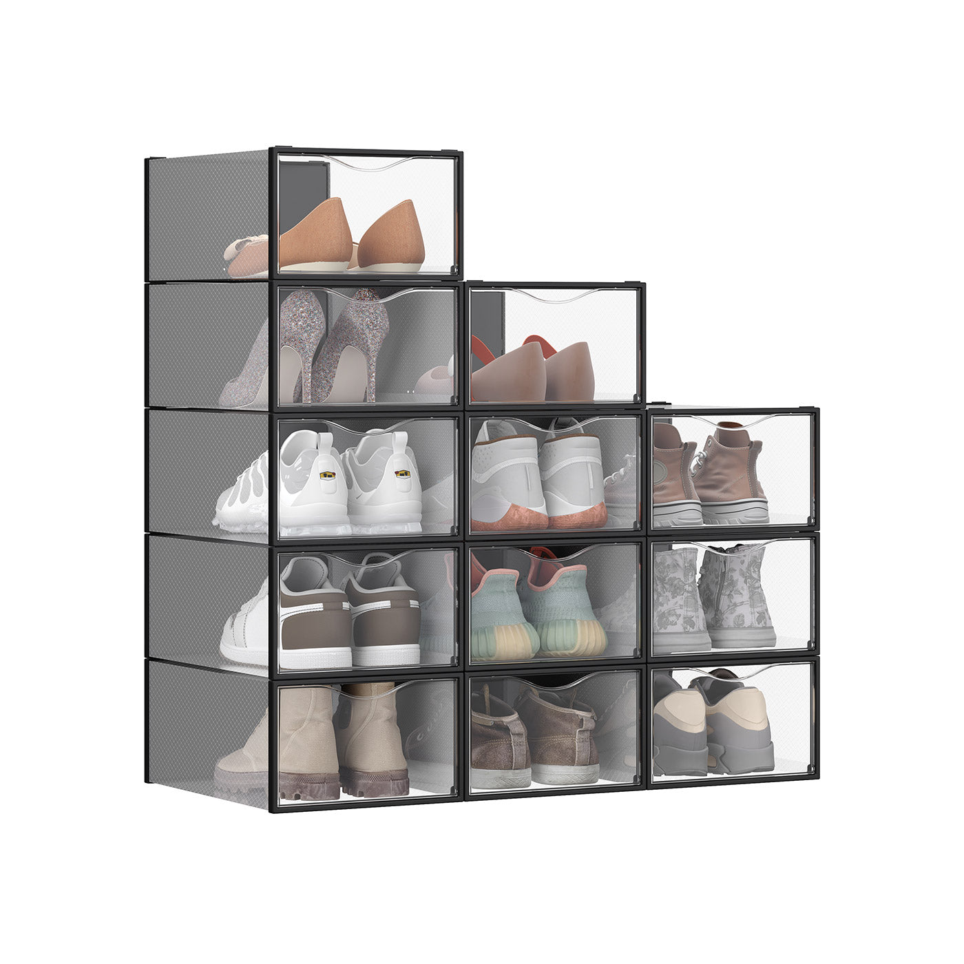 Shoe Storage Organizers – Plastic – Transparent and Black – Stackable Set of 12