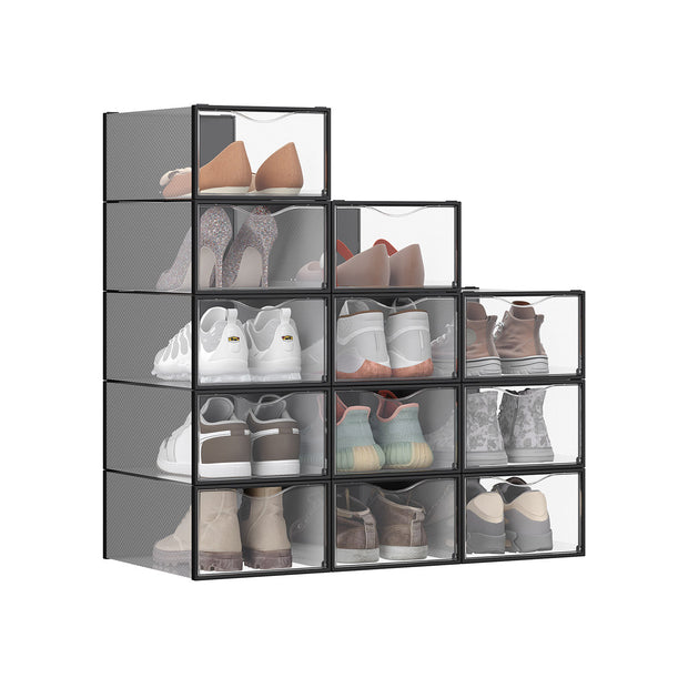 Shoe Storage Organizers – Plastic – Transparent and Ink Black – Set of 12, Easy Assembly