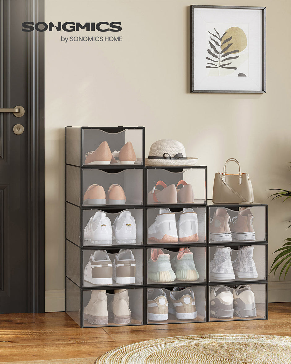 Shoe Storage Organizers – Plastic – Transparent and Black – Stackable Set of 12