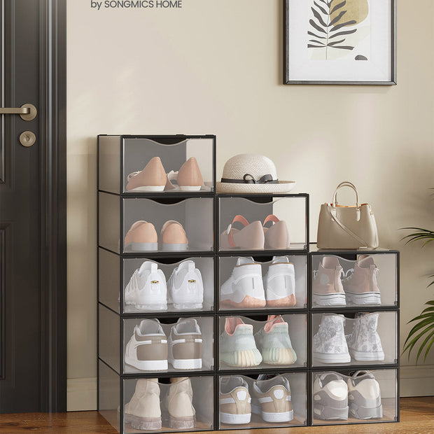 Shoe Storage Organizers – Plastic – Transparent and Ink Black – Set of 12, Easy Assembly