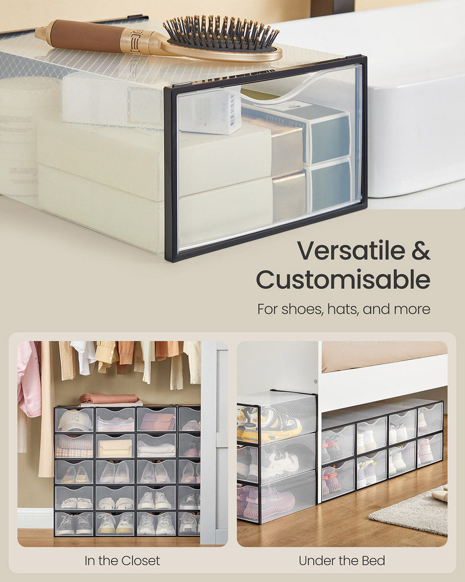 Shoe Storage Organizers – Plastic – Transparent and Ink Black – Set of 12, Easy Assembly