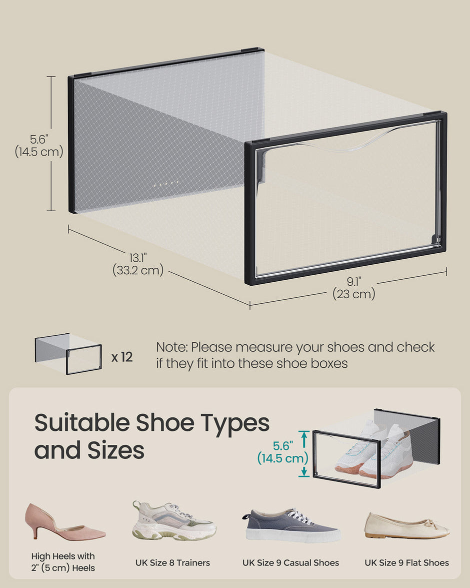 Shoe Storage Organizers – Plastic – Transparent and Ink Black – Set of 12, Easy Assembly