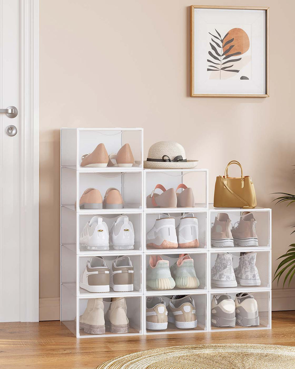 Shoe Storage Boxes – Plastic – Transparent and Cloud White – Set of 12 for Shoes up to UK Size 9