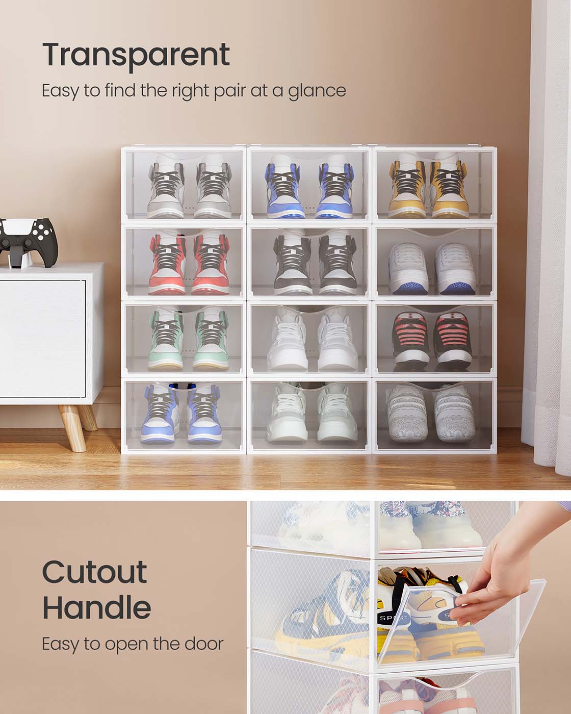 Shoe Storage Boxes – Plastic – Transparent and Cloud White – Set of 12 for Shoes up to UK Size 9