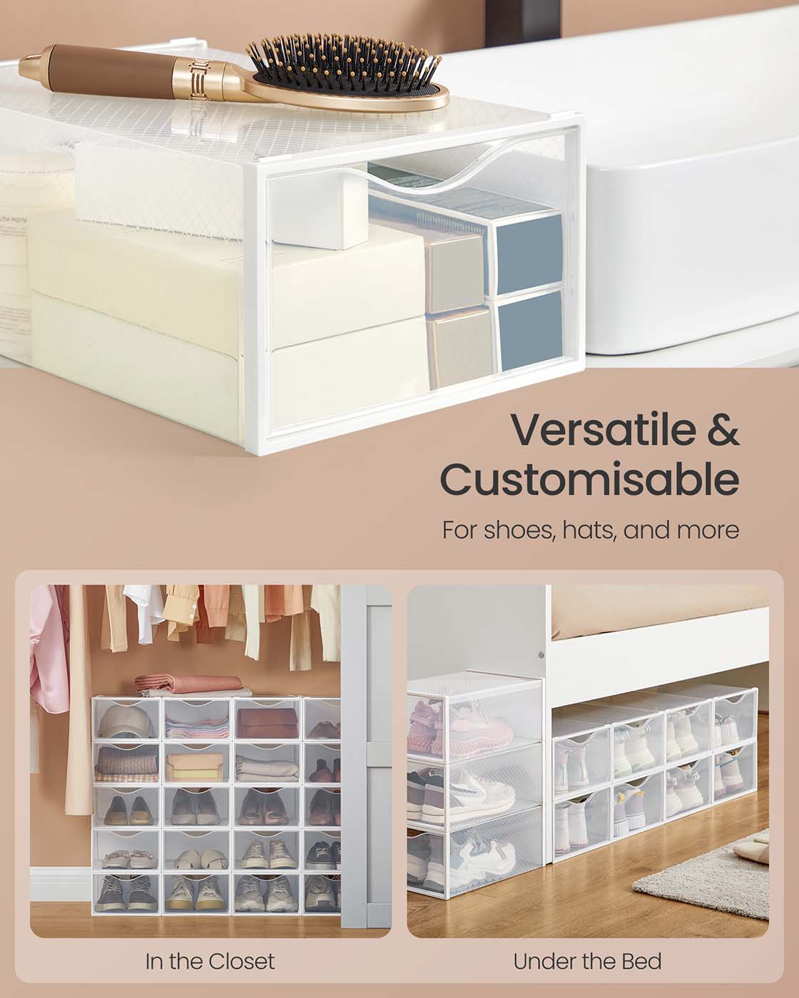 Shoe Storage Boxes – Plastic – Transparent and Cloud White – Set of 12 for Shoes up to UK Size 9