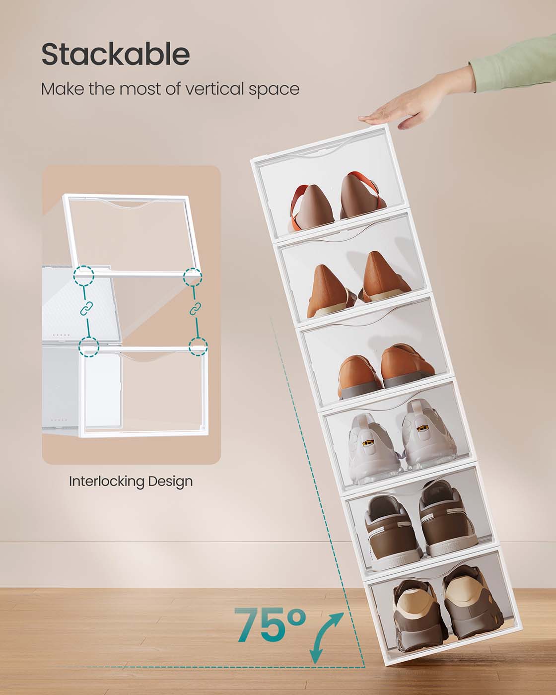 Shoe Storage Boxes – Plastic – Transparent and Cloud White – Set of 12 for Shoes up to UK Size 9